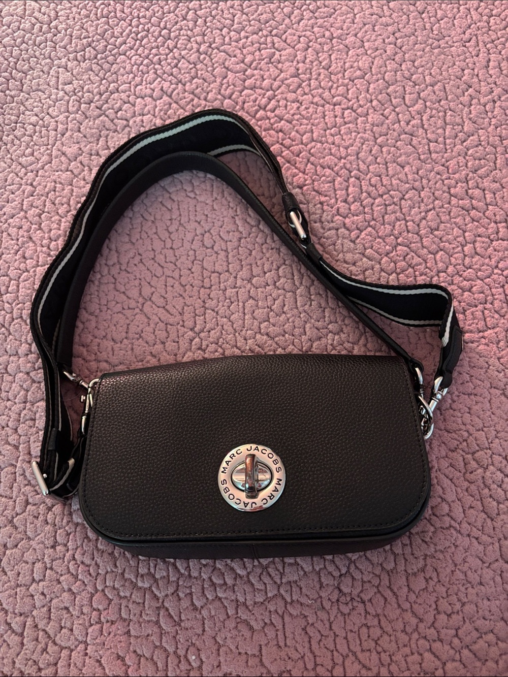 Marc Jacobs Black Pebbled Leather Crossbody with Wide Striped Strap